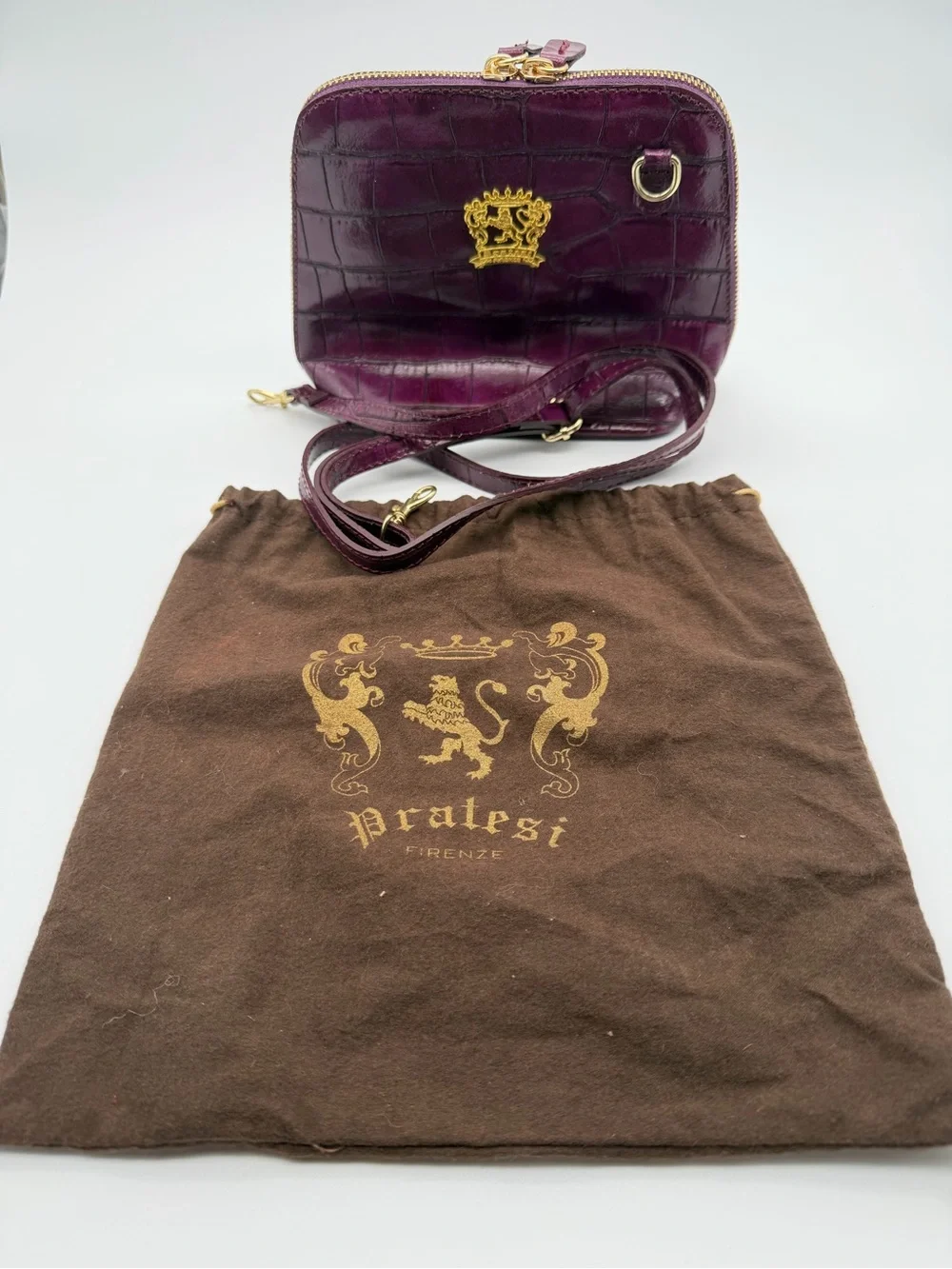 Pratesi Firenze Croc-Embossed Plum Cosmetic Case with Gold Crest Accent
